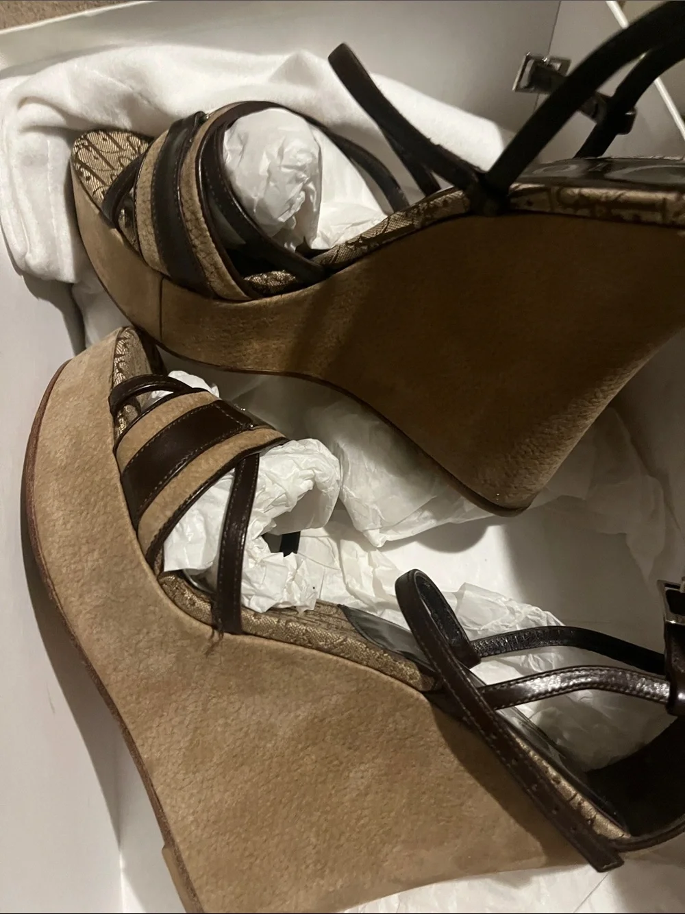 Dior Tan and Dark Brown Suede Logo Wedge Sandals